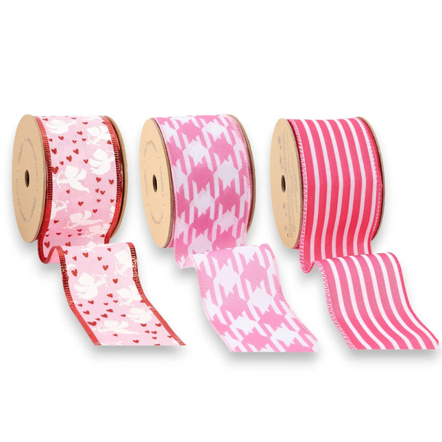 2.5" Cupid/Herringbone & Striped Wired Ribbon Bundle - 3 Rolls/30 Yards Total