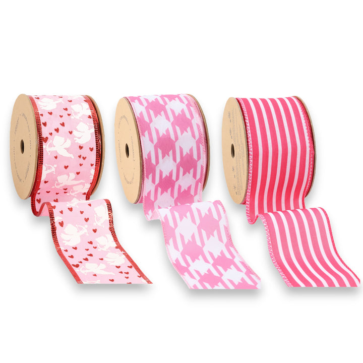 2.5" Cupid/Herringbone & Striped Wired Ribbon Bundle - 3 Rolls/30 Yards Total