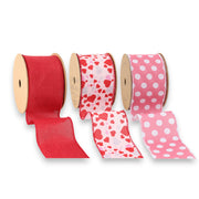 2.5" Solid Linen Hearts & Polka Dot Wired Ribbon Bundle - 3 Rolls/30 Yards Total