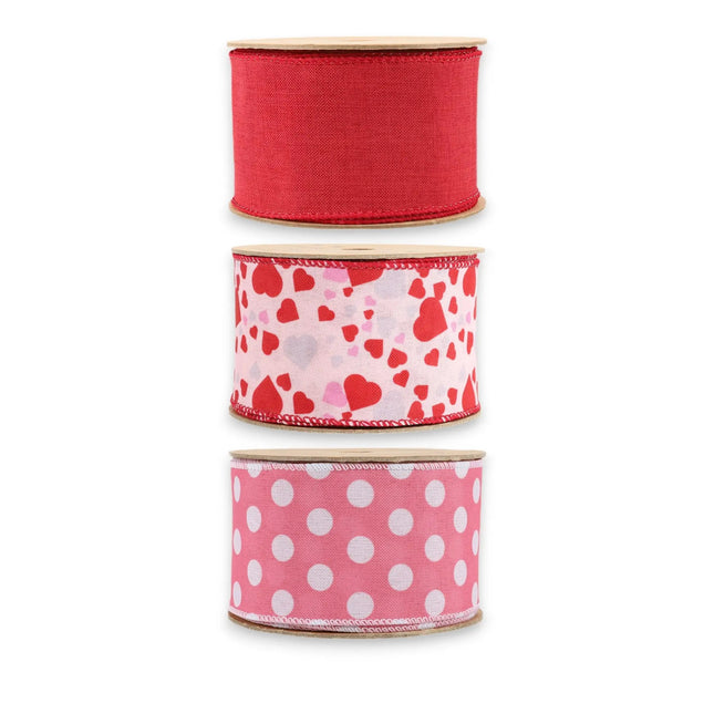 2.5" Solid Linen Hearts & Polka Dot Wired Ribbon Bundle - 3 Rolls/30 Yards Total