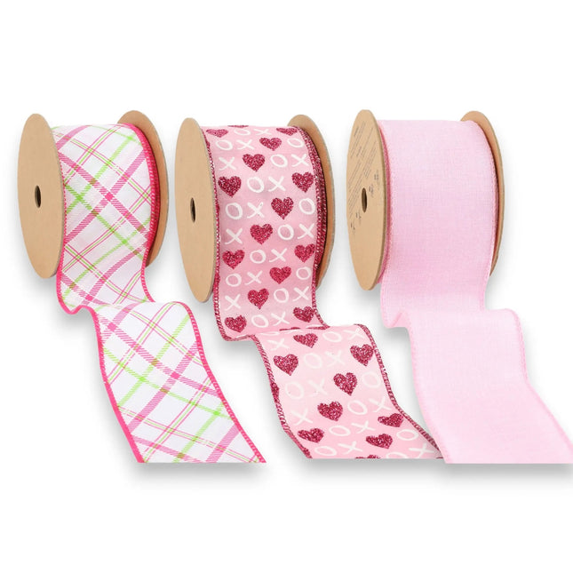 2.5" Bais Plaid/Pink Glitter Hearts & Linen Wired Ribbon Bundle - 3 Rolls/30 Yards Total
