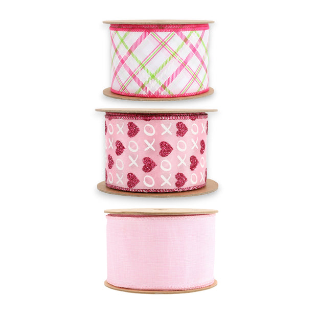 2.5" Bais Plaid/Pink Glitter Hearts & Linen Wired Ribbon Bundle - 3 Rolls/30 Yards Total