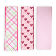 2.5" Bais Plaid/Pink Glitter Hearts & Linen Wired Ribbon Bundle - 3 Rolls/30 Yards Total