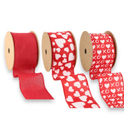 2.5" Red Linen Hearts and Glitter XOXO Wired Ribbon - 3 Rolls/30 Yards Total