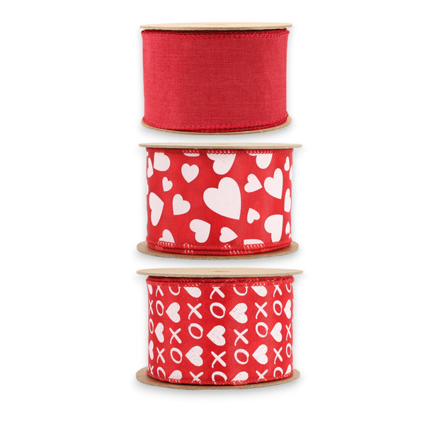 2.5" Red Linen Hearts and Glitter XOXO Wired Ribbon - 3 Rolls/30 Yards Total