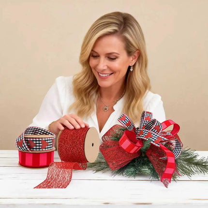 Valentines Day-Hearts and Plaids & Red/Pink Wide Horizontal Stripe & Mesh| 3 Rolls LaRibbons and Crafts