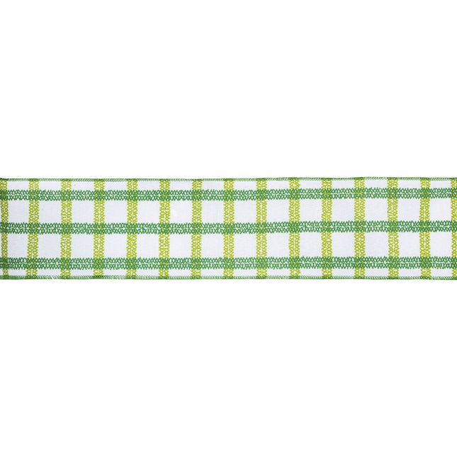 Green grid ribbon: white linen base, wired. Ideal for gift wrapping & decor.