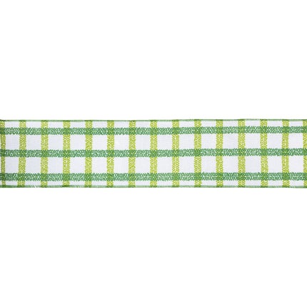 White linen ribbon with green grid pattern, 4-inch wired edge, perfect for gift wrapping and party styling