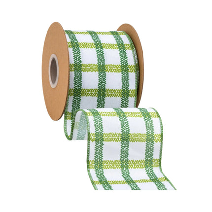 4" Wired Ribbon | Green Grid on White Linen | 10 Yard Roll LaRibbons and Crafts