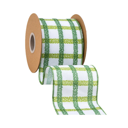 4" green and white grid wired ribbon, linen-textured, great for St. Patrick's Day and garden crafts