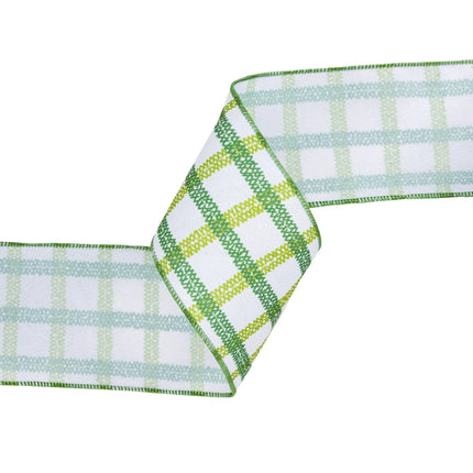 Linen-style white ribbon with green grid, 4" wired trim, versatile for DIY bows and floral arrangements