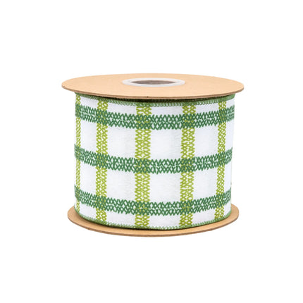 4-inch wired green grid ribbon on white linen base, ideal for farmhouse decor and seasonal crafts