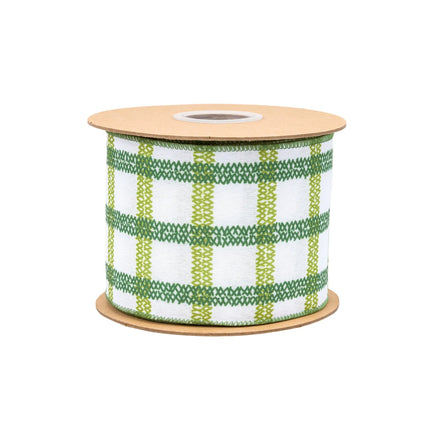4" Wired Ribbon | Green Grid on White Linen | 10 Yard Roll LaRibbons and Crafts