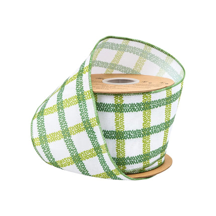 4" Wired Green Grid Ribbon on White Linen, ideal for spring wreaths and rustic home decor