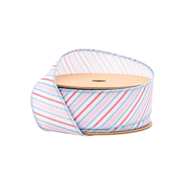 1 1/2" Wired Ribbon | Diagonal Pastel Stripes on White | 10 Yard Roll LaRibbons and Crafts