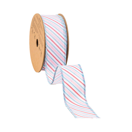 1 1/2" Wired Ribbon | Diagonal Pastel Stripes on White | 10 Yard Roll LaRibbons and Crafts