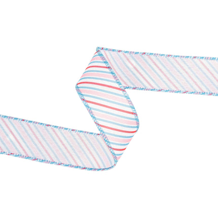 1 1/2" Wired Ribbon | Diagonal Pastel Stripes on White | 10 Yard Roll LaRibbons and Crafts