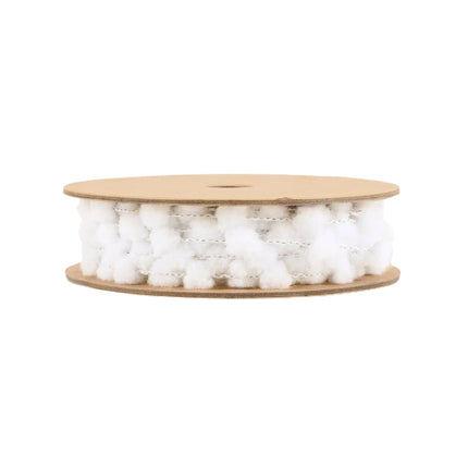 This white pom-pom ribbon, plush pom-poms linked together, making it a delightful choice for adding a cozy.