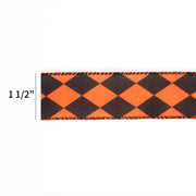 1 1/2" Faux Linen Wired Ribbon | Rhombus Orange/Black | 10 Yard Roll