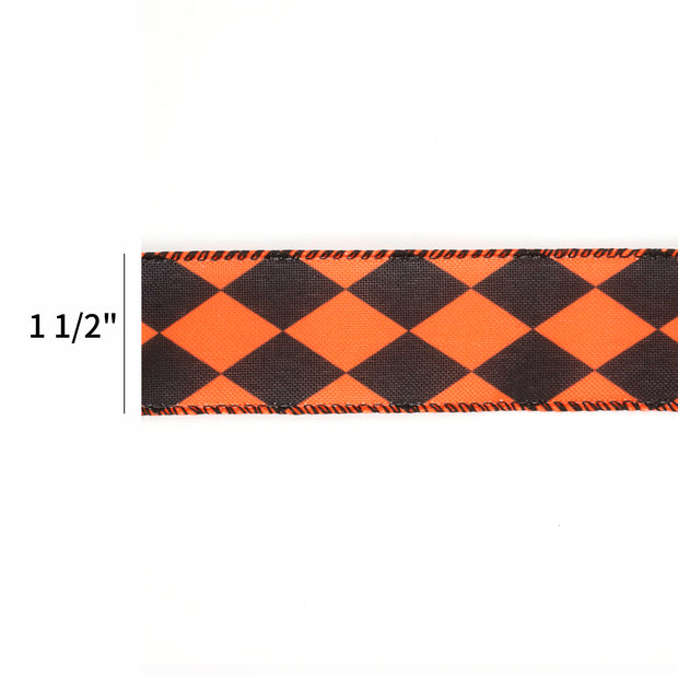 1 1/2" Faux Linen Wired Ribbon | Rhombus Orange/Black | 10 Yard Roll