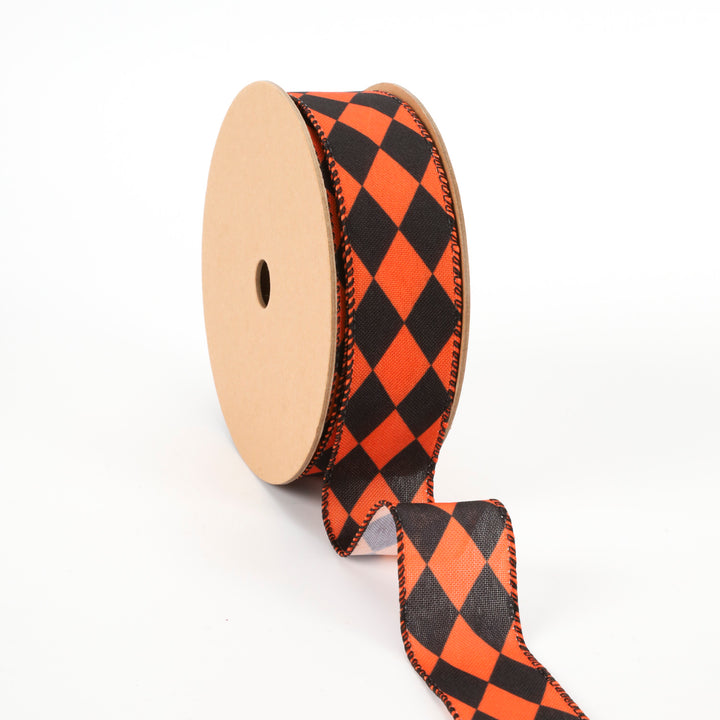 1 1/2" Faux Linen Wired Ribbon | Rhombus Orange/Black | 10 Yard Roll - 50% OFF