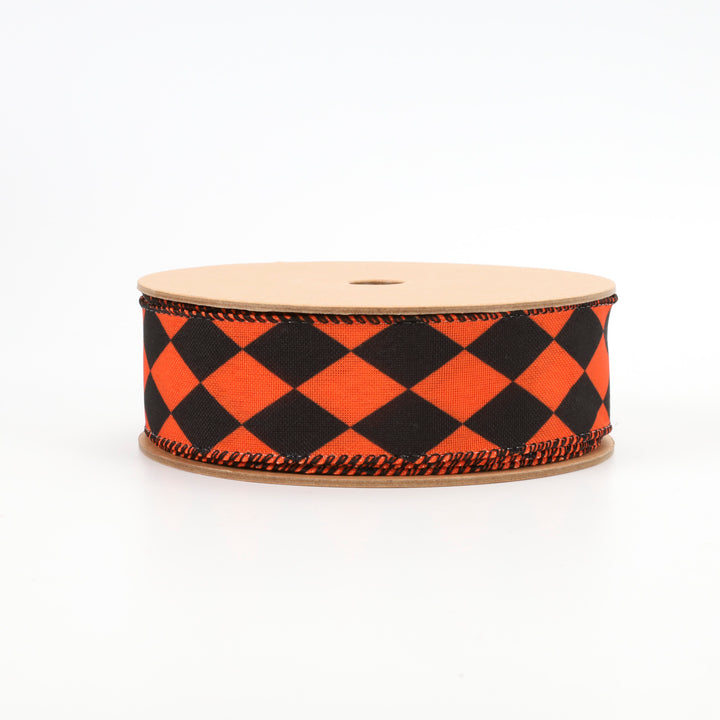 1 1/2" Faux Linen Wired Ribbon | Rhombus Orange/Black | 10 Yard Roll - 50% OFF