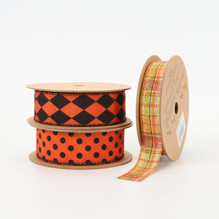 1 1/2" Faux Linen Wired Ribbon | Rhombus Orange/Black | 10 Yard Roll - 50% OFF