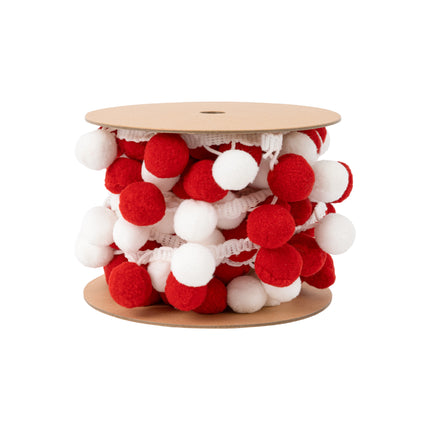 1" red-and-white fluffy pom pom trim wound on cardboard spool