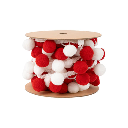 1" Pom Pom Trim | Red and White | 5 Yard Roll LA Ribbons Wholesale