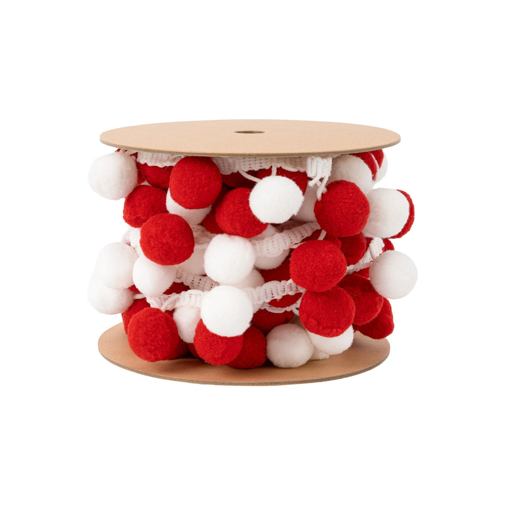 1" Pom Pom Trim | Red and White | 5 Yard Roll LA Ribbons Wholesale