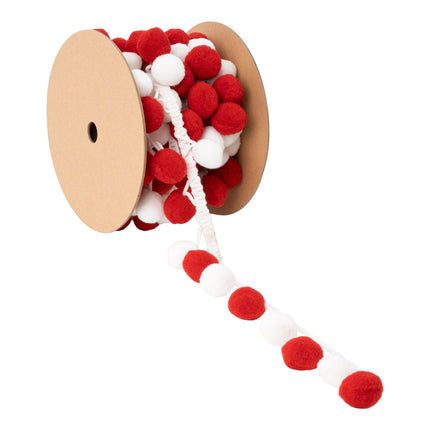 1" Pom Pom Trim | Red and White | 5 Yard Roll LA Ribbons Wholesale