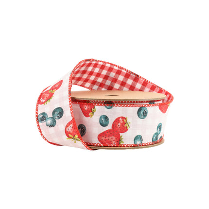 1 1/2" Wired Ribbon | Strawberry/Blueberries on White w/ Checked Back | 10 Yard Roll LaRibbons and Crafts