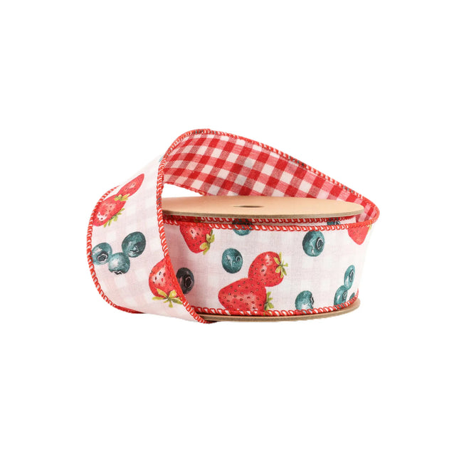 1 1/2" Wired Ribbon | Strawberry/Blueberries on White w/ Checked Back | 10 Yard Roll