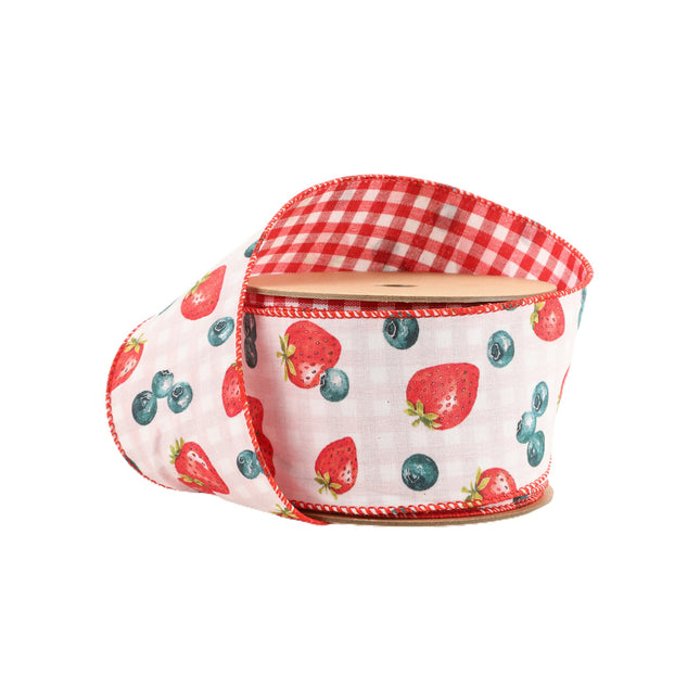 2 1/2" Wired Ribbon | Strawberry/Blueberries on White w/ Checked Back | 10 Yard Roll LaRibbons and Crafts