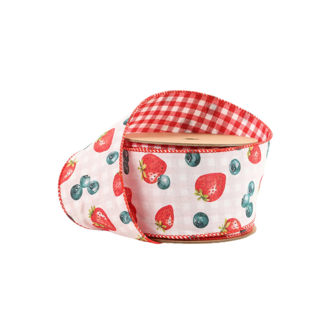 2 1/2" Wired Ribbon | Strawberry/Blueberries on White w/ Checked Back | 10 Yard Roll LaRibbons and Crafts