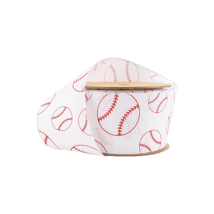 A spool of white ribbon with red baseball prints, ideal for sports-themed crafts, baseball party decor, and gift wrapping.