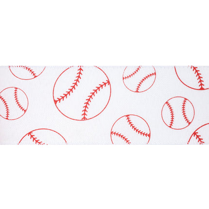 White wired ribbon featuring red baseball designs, perfect for creating sports-inspired decorations and DIY projects for baseball fans.