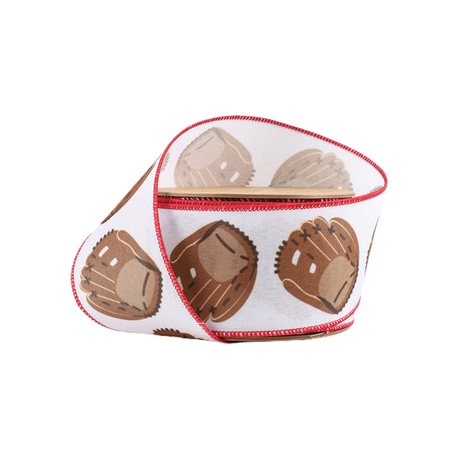 Sporty 2 1/2" Faux Linen Heat Transfer Wired Ribbon with Baseball Glove print: ideal for baseball-themed decor 