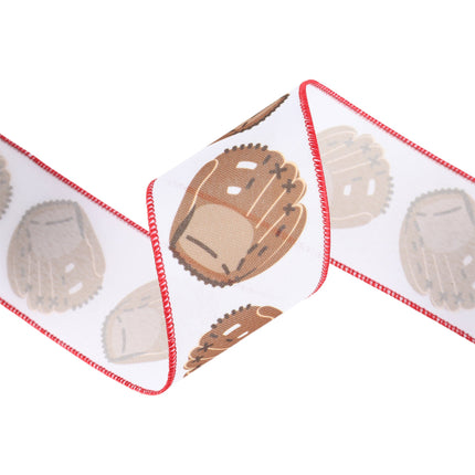 White ribbon with baseball glove design and red borders, suitable for sports fan gifts, party decorations, and creative crafting.