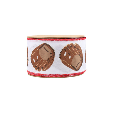 A spool of ribbon with brown baseball gloves, white base, and red edging, ideal for elevating baseball-themed decor and crafting with a sporty touch.