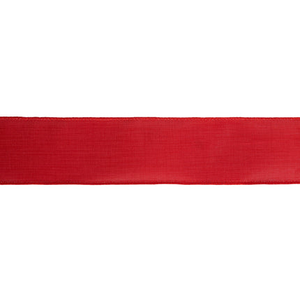 2 1/2" red linen wired ribbon: smooth textured fabric, neat wired edges