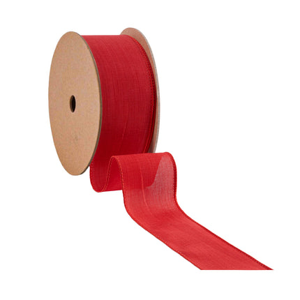 2 1/2" red linen wired ribbon spool: unrolled end, textured fabric, wired edges