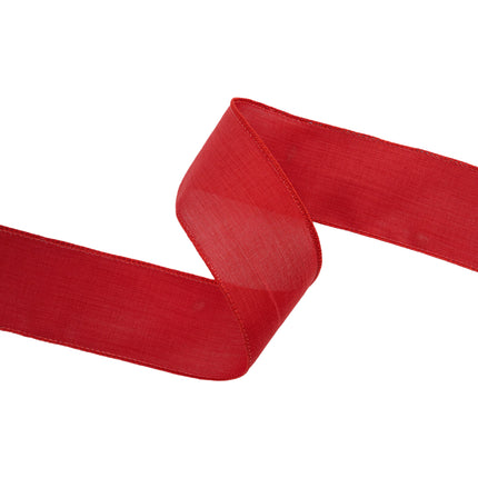 2 1/2" red linen wired ribbon: curved, textured fabric, sturdy wired edges