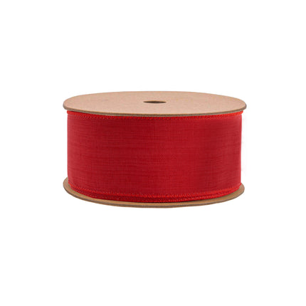 2 1/2" red linen wired ribbon spool: full roll, textured fabric, neat wired edges