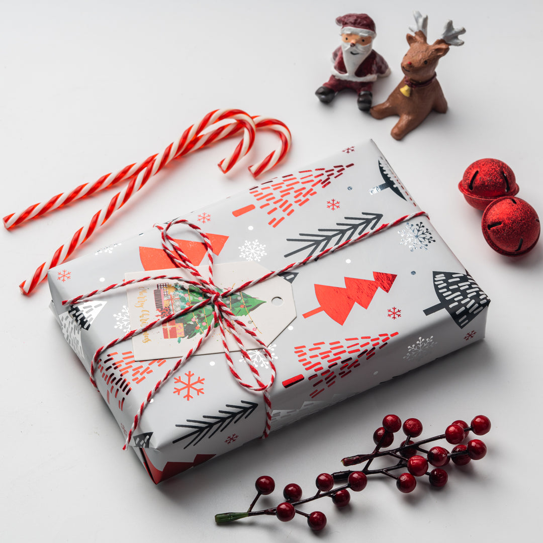 30" x 10' Holiday Wrapping Paper | "Abstract Trees" Grey/Red - 20% OFF & BUY ONE GET ONE FREE