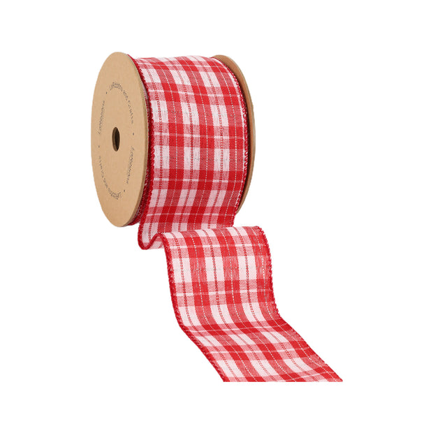 2 1/2" Wired Ribbon | Red/White Plaid Silver Thread
