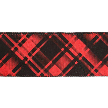  Red/black plaid wired ribbon, fine stitched edges, clear pattern detail, elegant craft.