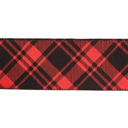 Close-up of red and black plaid ribbon, tight plaid pattern, fabric texture.