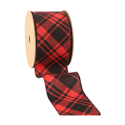 2 1/2" Wired Ribbon, red/black plaid, textured fabric, spooled with premium craft.