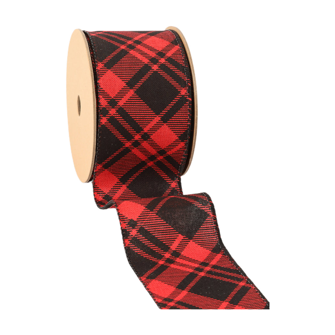 2 1/2" Wired Ribbon | Printed Red/Black Bias Plaid | 10 Yard Roll - 35% OFF